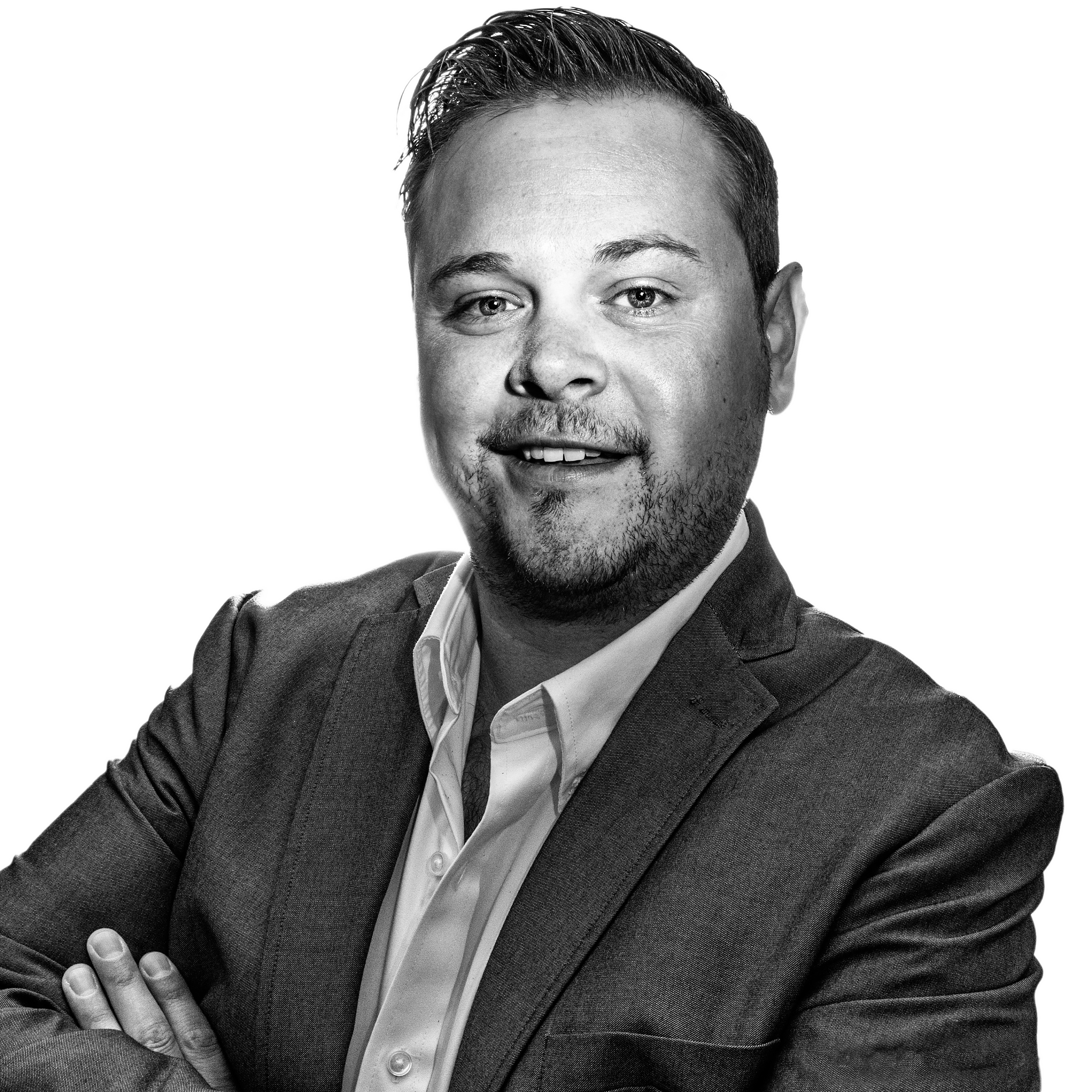 Black-and-white professional headshot by Ken Stoecklin